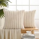 Volcanics Set of 2 Faux Fur Plush Decorative Throw Pillow Covers 18x18 Inches, Striped Cushion Cases Soft Fluffy Accent Pillowcases for Sofa, Couch and Bed, Beige