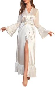 OYOANGLE Women's Silk Satin Robe Long Sleeve Wrap V Neck Ruffle Hem Belted Bride Wedding Party Bathrobe White X-Small