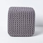 HOMESCAPES Grey Knitted Cube Footstool Bean Filled 100% Cotton for Living Room Children or the Elderly