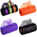 4 Rolls Halloween Deco Mesh Rolls for Wreath Making,6 Inch x 10 Yards Orange Purple Green Black Ribbons Stripe Mesh Metallic Foil Deco Poly Mesh Roll for Halloween Decoration Wreath Making Garland Bow