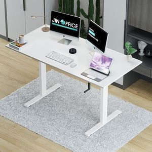 JIN OFFICE Manual Height Adjustable Desk | Manual Standing Desk with Hand Crank | 80 kg Weight Capacity | White Frame with White Table Top | (1200 x 750 mm Top) Engineered Wood, Matte