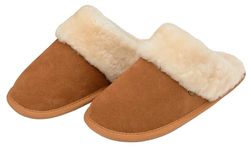 DUNLOP Ladies Genuine Sheepskin Leather Slippers Mules Luxury Wool Lining Rubber Outdoor Sole (Large (UK 7-8), Chestnut)