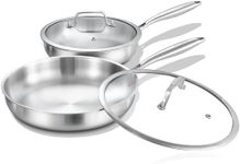 DELARLO Tri-ply Stainless Steel Frying Pan Set with Lid 8"12" Induction large Skillets Chef's Pan,Pots and Pans Set Kitchen Cookware Set Suitable for All Stove