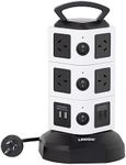 Lenoxx Tower Power Board Surge Protector - 10 Outlets, 2 USB-A Ports, 2 USB-C Ports, Surge Protection, Fast Charging, 360° Rotation, 2m Retractable Cord, USB Output 5V 2.1A - Black and White