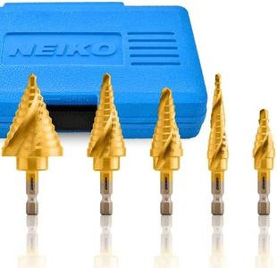 NEIKO 10173A - Set di punte per trapano a gradini per metallo e legno, 5 pezzi SAE, scanalate a spirale per foratura più veloce, punte con 50 dimensioni totali, unibit rivestite in titanio