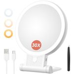 Auxmir 1X/ 30X Magnifying Mirror with Light, Double Sided Makeup Mirror with Adjustable Folding Handle, Lighted Vanity Mirror with Tweezer, Portable Tabletop Mirror for Travel Home