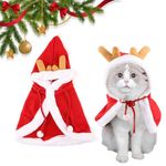 Qpets® Christmas Hat & Scarf, Chrismat Cat Clothes for Cat Warm Cloak, Dress Up Costume Chrismat Red Elk Cloak Adjustable Drawstring Hat for Photogaphy Prop Christmas Party - Neck 46CM