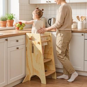 COSYLAND Height Adjustable Toddler Standing Tower - Super Stable Toddler Kitchen Stool Helper with Wooden Barrier - No Falling or Tipping Over (Natural)