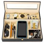 HOUNDSBAY Navigator Big Dresser Valet Tray for Men with Watch Box Jewelry Organizer & Smartphone Charging Station (Ivory)