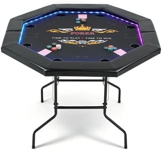 REAHOISY LED Poker Table for 8 Players, 48" Foldable Octagonal Casino Table for Home Game Room, Folding Texas Holdem Board Game Table with Built-in Dual-Color LED Light & Padded Armrest & Cup Holders
