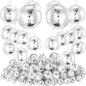 Youdepot 54PCS Mirror Disco Balls Set with 10m Fishing Line – Assorted Sizes Hanging Mini Silver Balls for Party, Wedding, Cake Toppers, Room & Classroom Decor