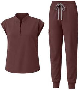 Eadflie Scrubs for Women Set - with Sleeveless Stand-Up Collar Scrub Top & Jogger Scrub Pants, Cool Stretch, Comfortable & Breathable Nurse Uniform, 8-Pocket Design - [Brown/M]