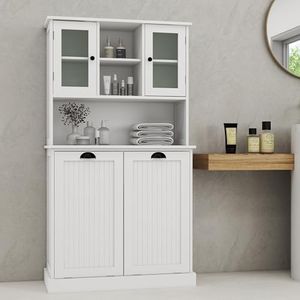 Star20XX Two-Compartment Tilt-Out Dirty Laundry Basket Tall Bathroom Cabinet with 2 Adjustable Shelves for Living Room (White)