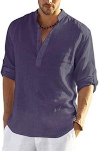 COOFANDY Men's Cotton Linen Henley Shirt Long Sleeve Hippie Casual Beach T Shirts Purple