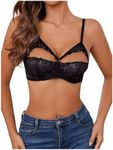 OYOANGLE Women's Floral Lace Cut Out Push Up Underwire Bra V Neck Spaghetti Straps Everyday Bralettes Black Large