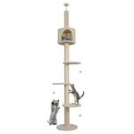 ARTETHYS Floor to Ceiling Cat Tree 260cm 5 Tiers Tall Cat Tower for Indoor Cats with Scratching Post Condo Platforms for Kittens Height Adjustable, Beige