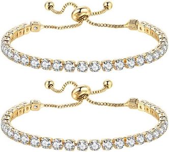 JewelryWe 2 Stück Armband Damen mit Zirkonia Steinchen, Tennisarmband Armkette Armreif Armschmuck Geschenk für Mutter, Freundin Verstellbar Gold