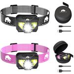 Bearactive Head Torch Rechargeable, 12+ Hour Battery Life Headlight, 1200 Lumen Super Bright LED Headtorch, 8 Modes Waterproof Motion Sensor Head Lamp for Adults & Kids (2 x Headtorch, Pink and Black)