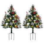 HOMCOM 2 Foot/23 inch 2 Pack Pre-lit Artificial Christmas Tree Cordless with 70 Branches, Battery Powered Warm-Toned White LED Lights, Red Berries, Pine Cones, Balls for Outdoor Entryway, Green