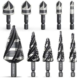 THINKWORK 5 Pcs Four Spiral Flute Step Drill Bit Set & 5 Pcs Countersink Drill Bits with Tool Box, Nitriding HSS Drill Bits for Metal, Aluminum, Wood, Plastic