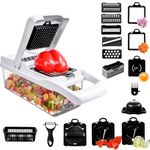 Cukitish Veggie Slicer Chopper Dicer and Cutter Multifunctional 17-in-1 Vegetable Mandoline Chopper with Container, 11 Interchangable Blades, Drain Strainer, Cleaning Brush, Hand Protector (White)