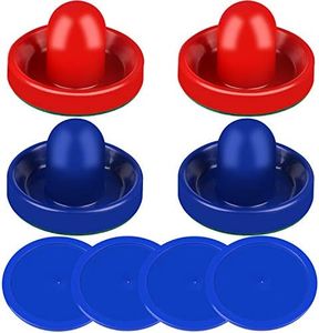 ONE250 Air Hockey Pushers and Blue Air Hockey Pucks, Goal Handles Paddles Replacement Accessories for Game Tables (4 Striker, 4 Puck Pack) (Blue & Red)