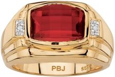 PalmBeach Men's 18K Yellow Gold Plated Emerald Cut Created Red Ruby or Blue Sapphire and Diamond Accent Ring Size 9