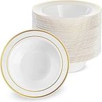 MATANA 25 Premium White Plastic Bowls with Gold Rim, 360ml - Elegant, Sturdy & Reusable - Soup & Dessert Bowls for Weddings, Birthdays, BBQ, Buffets, Catering, Parties