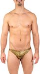 Gary Majdell Sport Men's Print Contour Pouch Ultra Greek Sexy Bikini Swimsuit with Elastic Waistband and Adjustable Printing Interior Drawstring Cord Swimwear for Men (Gold Snake Skin, Large)