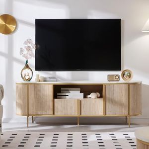 OKD Luxury 70" Fluted TV Stand, Modern Chic Entertainment Center for TVs Up to 80 inches, TV Console with Faux Marble Top, Curved Profile Design, Media Console for Living Room, Natural Oak