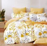 SLEEPBELLA Comforter Queen Size, 600 Thread Count Cotton Grey Branch with Yellow Flower & Grey Leaves Pattern Orange Reversible Comforter Set,Down Alternative Bedding Set 3Pcs(Queen, Yellow Botanical)