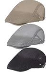 3 Pieces Mesh Newsboy Cap Mesh Breathable Summer Cap Adjustable Cabbie Flat Mesh Hats (Khaki, Light Gray, Black)