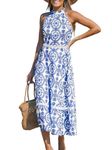 CUPSHE Women's Summer Dress Sleeveless Halter Neck Backless Cutout Waist Beach Boho Long Dress Blue Paisley L