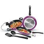 MILTON Pro cook Kitchen Jewel Set of 5 (Fry pan 24 cm/1.6 litres; Kadhai 24 cm/2.5 litres with Glass lid; Tawa 25 cm;Nylon Laddle and Spatula), Dark Purple | Induction | Hot Plate | Flame Safe