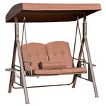 Outsunny 2-Person Patio Swing Outdoor Swing Chair Canopy Swing with Adjustable Shade, Soft Cushions, Throw Pillow and Tray for Garden, Poolside, Backyard, Brown