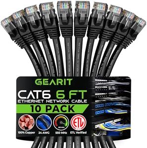 GearIT 6 Foot Cat 6 Ethernet Cable, for PC, Router, Cat6 Patch Cable, 10 Gbps, Cat 6 Patch Cable, High Speed, Cat6 Cable, High Speed, Cat 6 Cable, Cable, Cat6 Ethernet Cable, 6 Feet, Black (10 Pack)