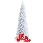 Happygrill 7FT White Pencil Christmas Tree Life-Like Slender Xmas Tree Artificial Tree with Folding Metal Stand & Durable PVC Material, Realistic Lush Unlit Pine Tree with 436 Branch Tips