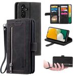 UEEBAI Wallet Case for Samsung Galaxy S24 5G, Retro 9 Card Holder Slots Zipper Pocket Handbag Case PU Leather Magnetic Closure Kickstand with Wrist Strap TPU Shockproof Flip Case - Black