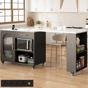 HSH Kitchen Island with 360° Swivel Table & Power Outlet, Rolling Kitchen Island Cart with Storage & Seating, Mobile Kitchen Island Table with Cabinet, Drawers & Shelves on Wheels, White Faux Marble