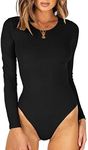 MISSJOY Crew Neck Long Sleeve Bodysuit Ribbed Knit Thong Basic Leotard Black Top