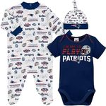 NFL New England Patriots 3 Pack Bodysuit Sleep n Play Footie Cap Registry Gift Set, Blue/White/red New England Patriots, 3-6M