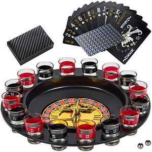 BETTERLINE Shot Glass Roulette Drinking Game and Poker Playing Cards Set - Spinning Wheel, 2 Balls and 16 Shot Glasses - Casino Adult Party Games