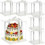 NROZIET 6 Pack Clear Cake Box, 2-Layer Transparent Cakes Box with Ribbon, 10" X 10" X 9" Tall Cake Carrier Boxes with Sturdy Board for Bakery Dessert Bread Pastry Birthday Parties, Wedding Graduation