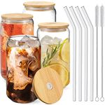 OVHayi Glass Cups with Bamboo Lids, 16oz Glasses Drinking Set 4pcs, BeerCan Shaped Glass Cups, Iced Coffee Cup,Drinking Glasses for Juice, Tea, Coke, Martini, Gift-Cleaning Brushes and Glass Straw