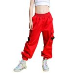 Rolanko Girls Jogger Cargo Pants with Pocket Street Hip Hop Costume for Boys Clothing Trousers Red