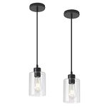 ANJOJO Modern Black Pendant Light, Farmhouse Mini Cylinder Pendant Lighting for Kitchen Island Decor, Clear Glass Shade, Matte Black Finish, 2 Pack.