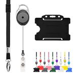 Retractable Lanyard and Badge Holder Trio Triple Pack by LanyardsTomorrow - Set Includes A Single Plain Lanyard, Extendable Carabiner Yoyo Reel Clip and Rigid ID Card Holder (Black)