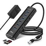 Powered USB Hub, Rosonway 8-Port USB 3.2/USB C Hub with 6 USB 3.2 Ports 10Gbps, SD/TF Card Readers, 3.3ft Long Cable and 12V/2A Power Adapter, Aluminum USB Port Expander for Laptop and PC, RSH-A107D