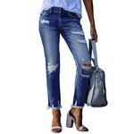 DIFIUPAI Womens Stretchy Ripped Mid Rise Rugged Distressed Raw Hem Boyfriend Denim Jeans (Dark Blue)