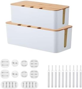 2PCS Cable Management Box with Bamboo Lid, Cord Organizer for Desk TV Computer USB Hub System to Cover and Hide & Power Strips & Cords with Self Adhesive Cable Clips Holder 10 Pcs (2pcs White)